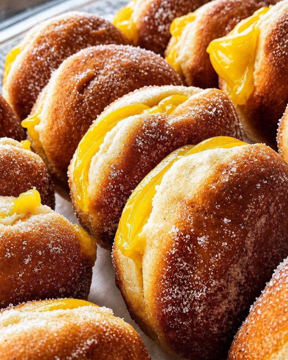Bolinhas passadas por açúcar, em filas num tabuleiro, com o creme amarelo à vista.
